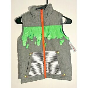Cat & Jack Boys Vest Puffer Charcoal w/ Green Slime Pockets Zip - Small 6/7 NWT